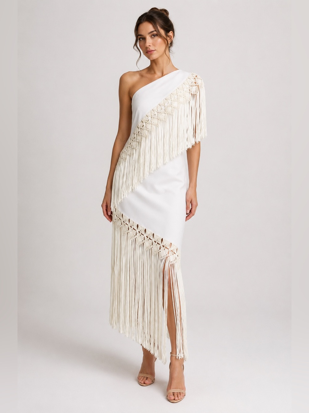 Vintage  1970s Cream Knit Fringe Dress Macrame Valdiri Bogota Colombia